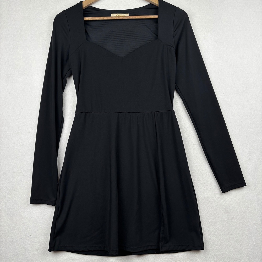 Qinsen Mini‎ Dress Womens L Sweetheart Neck Fit Flare Long Sleeve